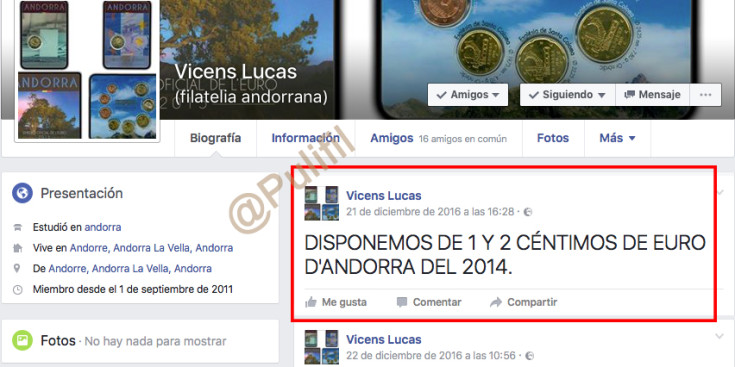 El facebook de Filatèlia Andorrana, oferint lots de monedes d'1 i 2 euros andorrans.