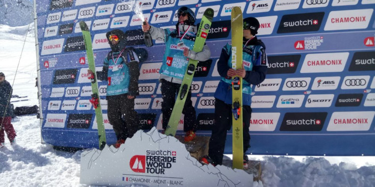 Collomb-Patton, Slemeet i Rausis, al podi de la competició d’esquí masculina.
