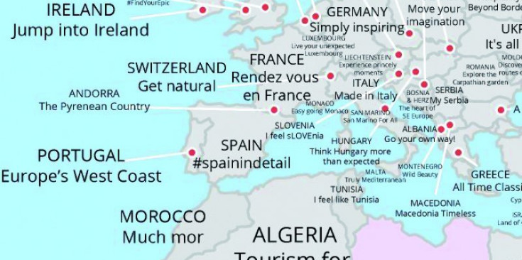Mapa dels països europeus i Andorra amb els seus eslògans.