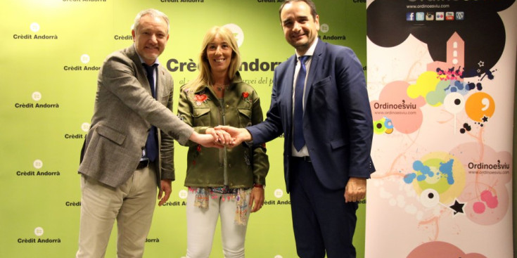Joan R. Mas, director de Màrqueting de Crèdit Andorrà, Sandra Codina, presidenta de l’ECOA, i Jordi Serracanta, conseller d’Esports del Comú d’Ordino.