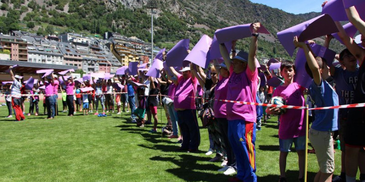 El llaç lila gegant que han aconseguit configurar els participants a les '12 hores d'esport Vall Banc contra el càncer'.