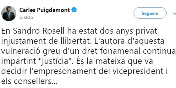 Piulada de l'expresident de la Generalitat de Catalunya, Carles Puigdemont.