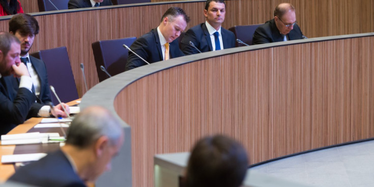 Jordi Cinca d’esquenes i Jordi Gallardo al fons en una sessió del Consell General.