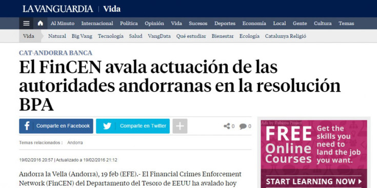 Notícia de la darrera nota del FinCEN al web de La Vanguardia.