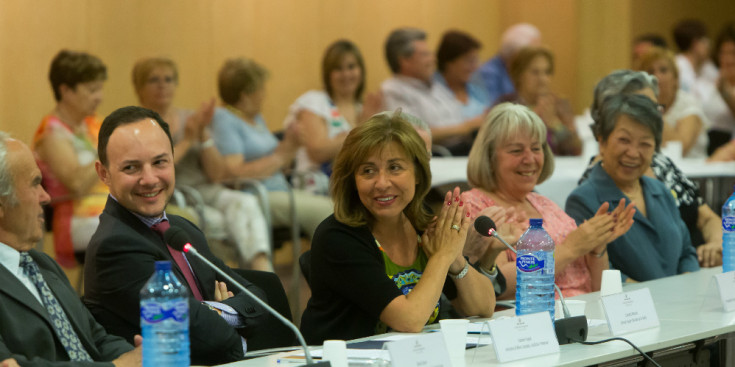 La taula principal de l’assemblea amb Duró, Espot i Marsol, ahir al centre de congressos.