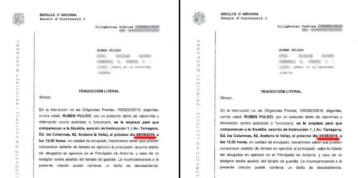 Rubén Pulido va rebre el document de la citació per a les diligències prèvies de la Batllia en català i en el seu idioma, castellà, i a la traducció literal –que es deu fer amb algun sistema no humà–, la data canvia el mes per l’any. Així doncs, en català